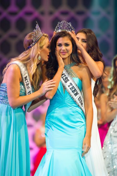 Katherine Haik, Miss Louisiana Teen USA 2015, is crowned Miss Teen USA 2015 by Miss Teen USA 2014 K. Lee Graham and Miss USA 2015 Olivia Jordan. She celebrates on stage after the crowning from Atlantis, Paradise Island resort in The Bahamas on Saturday, August 22, 2015. HO/ Miss Universe L.P., LLLP